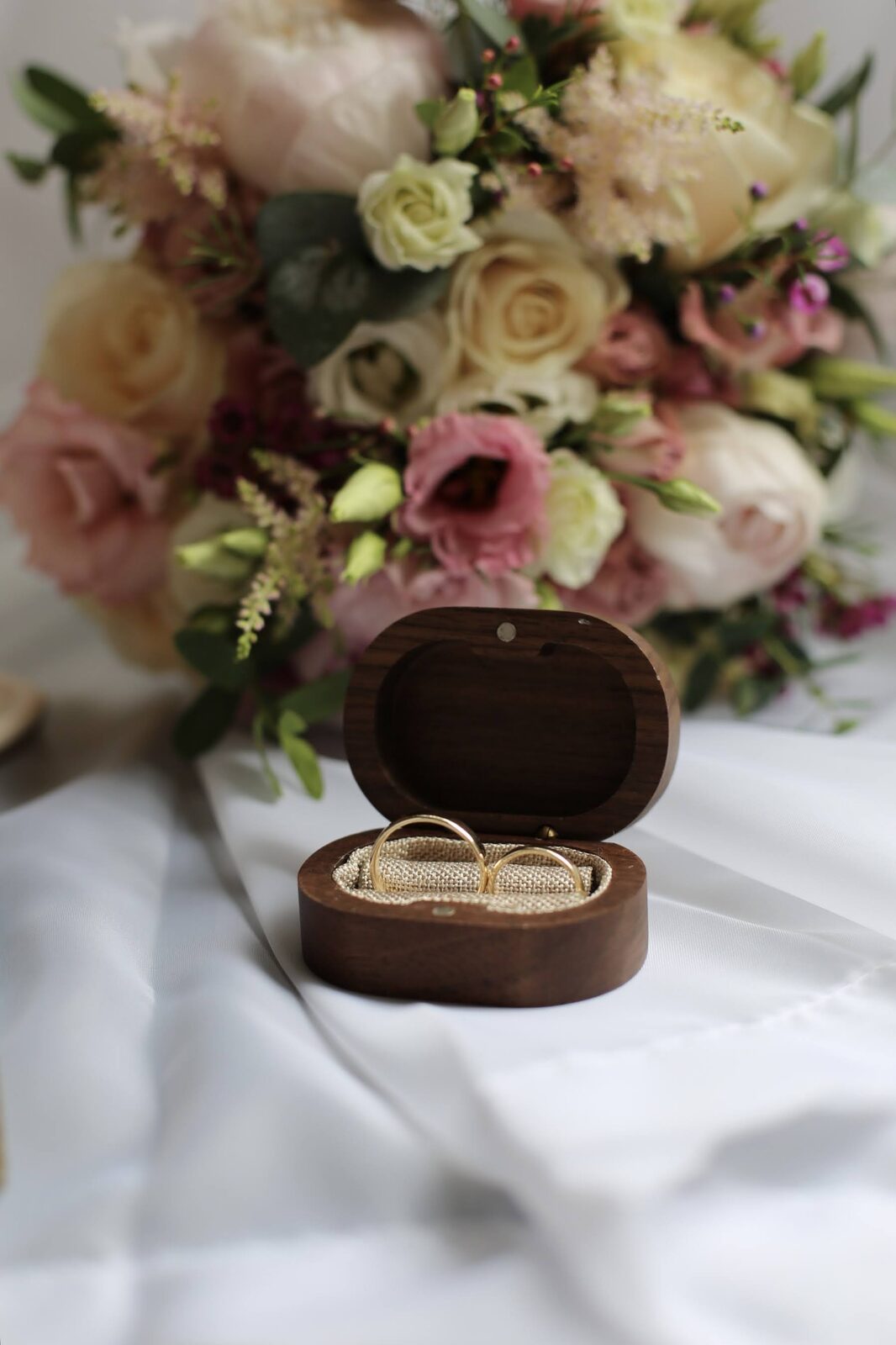 Wedding rings and bouquet detail